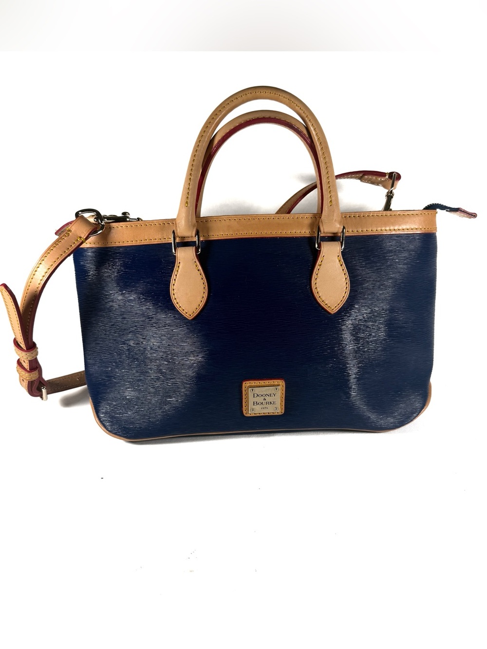 Dooney & Bourke Saffiano Leather Crossbody/Satchel Bag, Navy & Tan, Medium